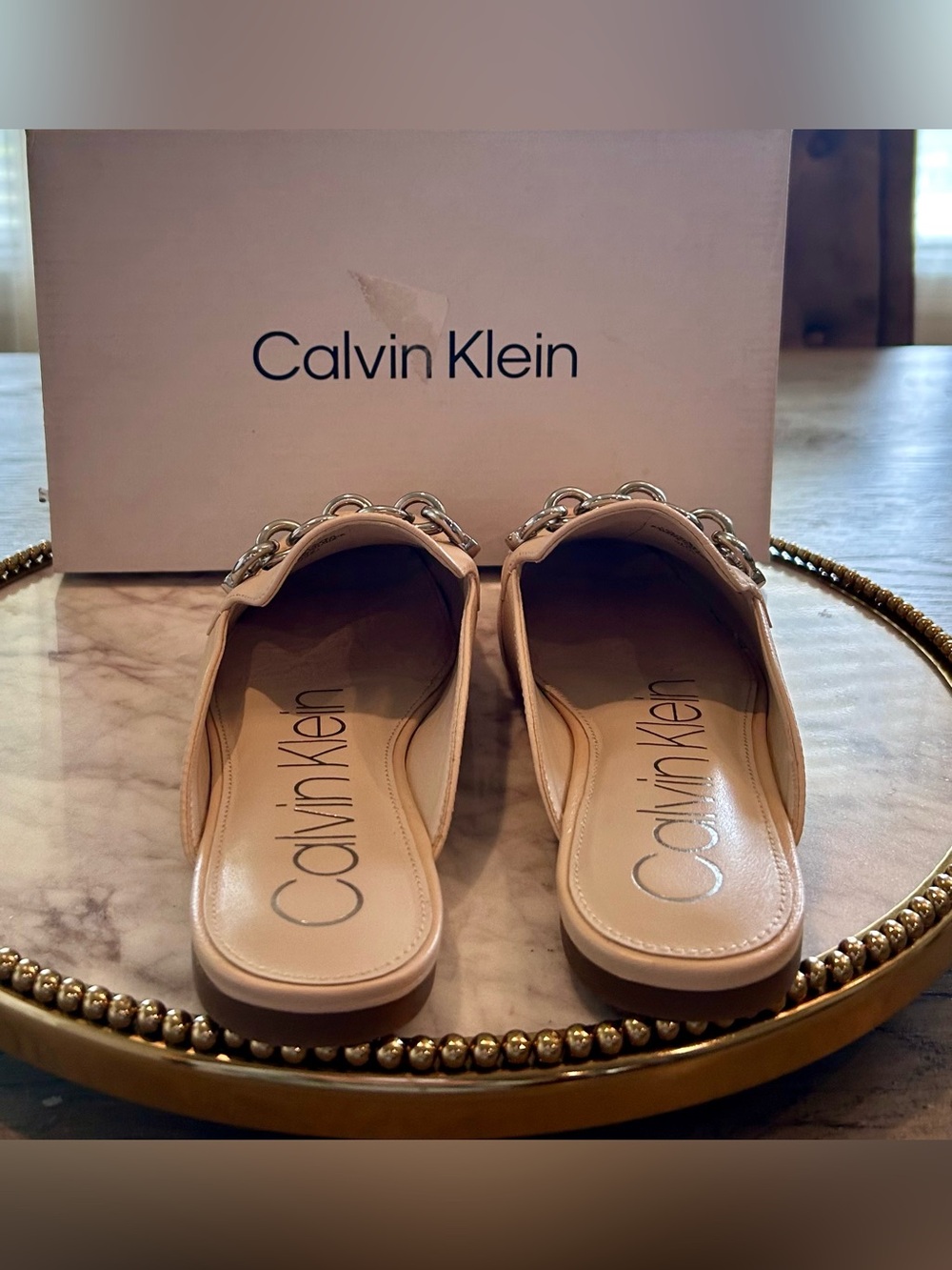 Calvin Klein Nude Leather Chain-Accent Slip-On Mules | Sz. 6 (NWB) - Picture 4 of 6